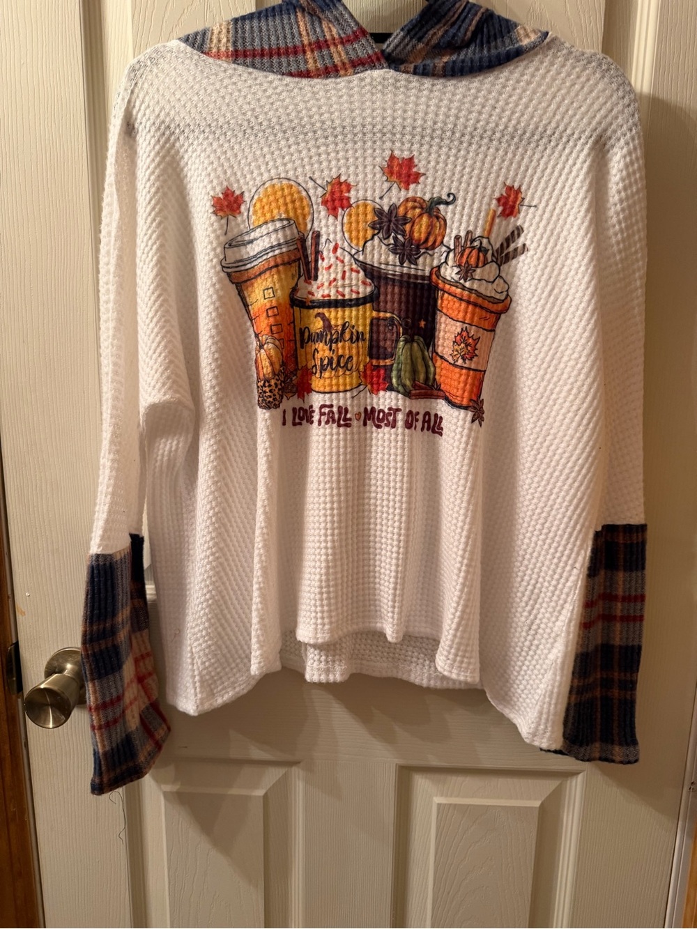 NWOT Women’s Plaid-Trim Ivory Waffle Knit Hoodie Sweater - Fall Graphic